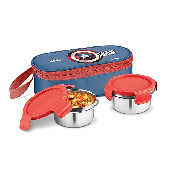 MILTON Marvel Power Bite Tiffin Box for School with 2 Stainless Steel Container and Jacket | Leak-Proof, Food Grade| Odour Proof I Lunch Box for Kids Boys| Girls with Clip Lock Lid|320 ml Each|Blue image 1