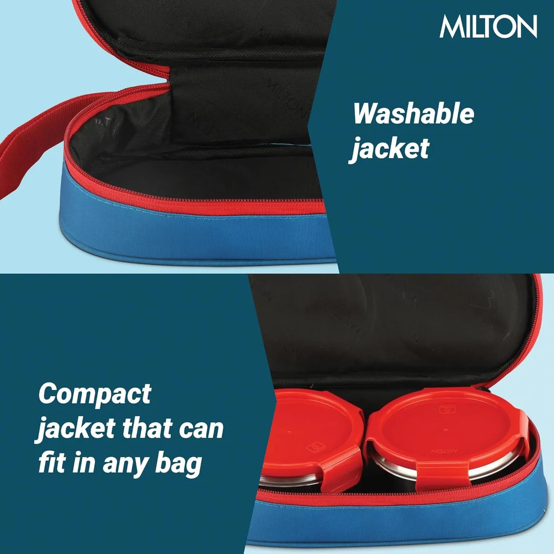 MILTON Marvel Power Bite Tiffin Box for School with 2 Stainless Steel Container and Jacket | Leak-Proof, Food Grade| Odour Proof I Lunch Box for Kids Boys| Girls with Clip Lock Lid|320 ml Each|Blue image 6