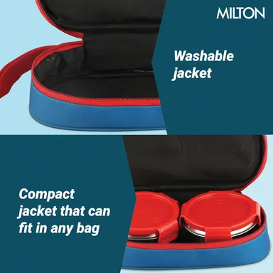 MILTON Marvel Power Bite Tiffin Box for School with 2 Stainless Steel Container and Jacket | Leak-Proof, Food Grade| Odour Proof I Lunch Box for Kids Boys| Girls with Clip Lock Lid|320 ml Each|Blue thumbnail 5