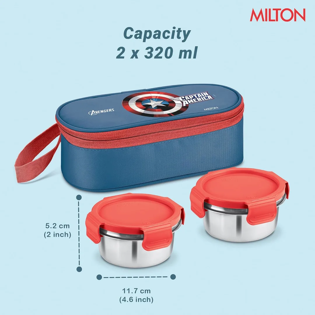 MILTON Marvel Power Bite Tiffin Box for School with 2 Stainless Steel Container and Jacket | Leak-Proof, Food Grade| Odour Proof I Lunch Box for Kids Boys| Girls with Clip Lock Lid|320 ml Each|Blue image 7