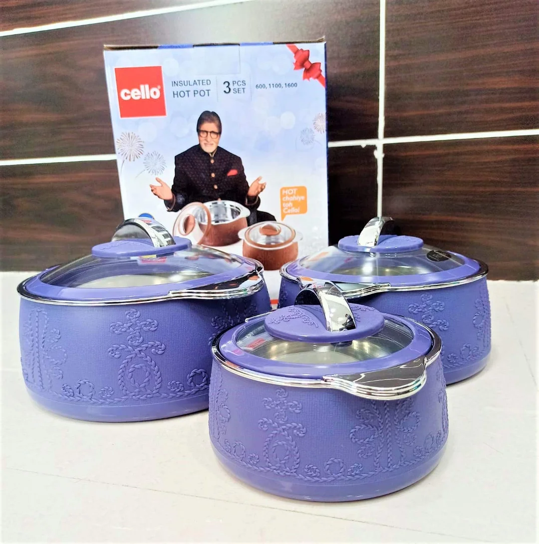 CELLO Royale Insulated Stainless Steel Casserole Set 3 Pc 600ml 1100ml 1600ml | Glass Lid Hot Food Storage & Serving Casseroles Purple image 2