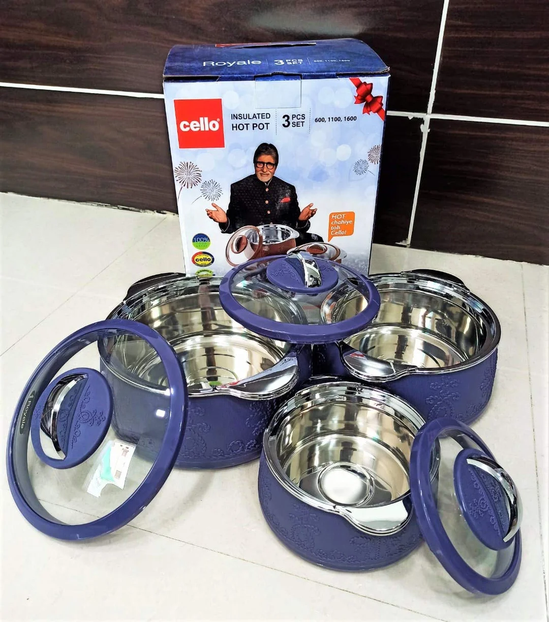 CELLO Royale Insulated Stainless Steel Casserole Set 3 Pc 600ml 1100ml 1600ml | Glass Lid Hot Food Storage & Serving Casseroles Purple image 1