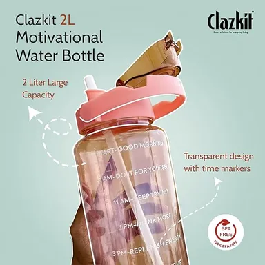Motivational 2L Water Bottle with Time Marker, BPA-Free Transparent Leak Proof Sports Hydration Bottle, Multicolour thumbnail 2
