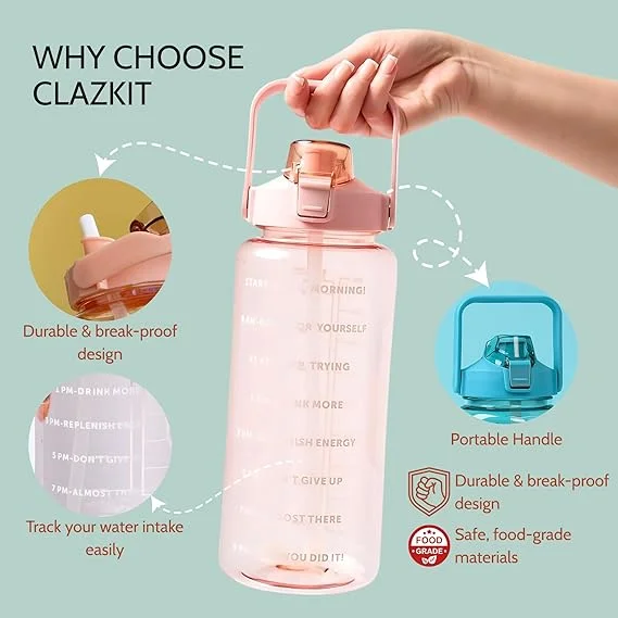 Motivational 2L Water Bottle with Time Marker, BPA-Free Transparent Leak Proof Sports Hydration Bottle, Multicolour image 4