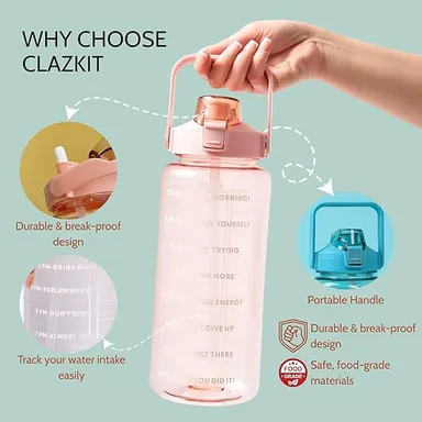 Motivational 2L Water Bottle with Time Marker, BPA-Free Transparent Leak Proof Sports Hydration Bottle, Multicolour thumbnail 3