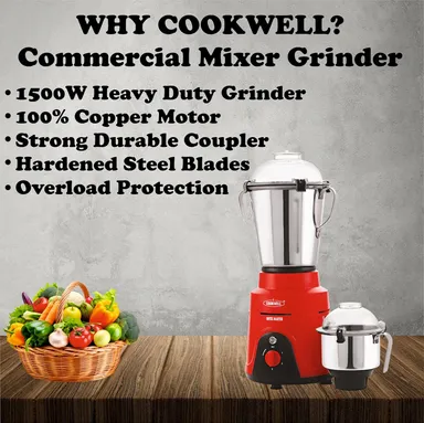 Cookwell Commercial Mixer Grinder 1500W 2 HP Heavy Duty Motor 2 Stainless Steel Jars Red – Commercial Kitchen Mixer for Cafes Restaurants Hotels Canteens Durable Industrial Grade thumbnail 4