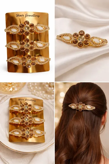 Golden Floral Crystal Hair Clip Set | Elegant Hair Accessories for Women | Decorative Hair Jewellery Clips thumbnail 1