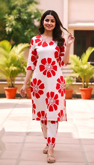 Women’s Red & White Floral Printed Cotton Blend Straight Kurta Set with Matching Pants 3/4 Sleeve Comfortable Daily & Ethnic Wear Size M thumbnail 1