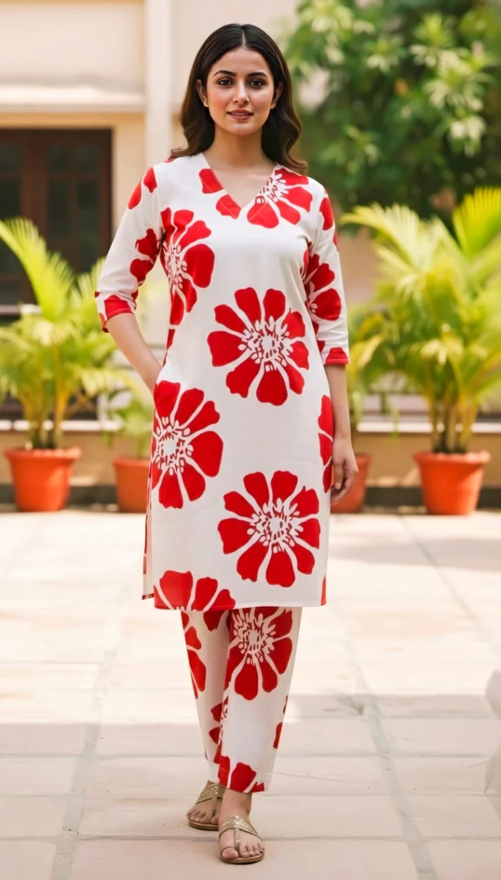 Women’s Red & White Floral Printed Cotton Blend Straight Kurta Set with Matching Pants 3/4 Sleeve Comfortable Daily & Ethnic Wear Size M image 3