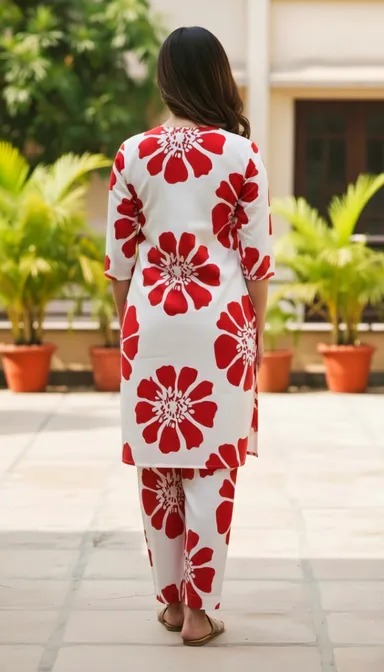 Women’s Red & White Floral Printed Cotton Blend Straight Kurta Set with Matching Pants 3/4 Sleeve Comfortable Daily & Ethnic Wear Size M thumbnail 3