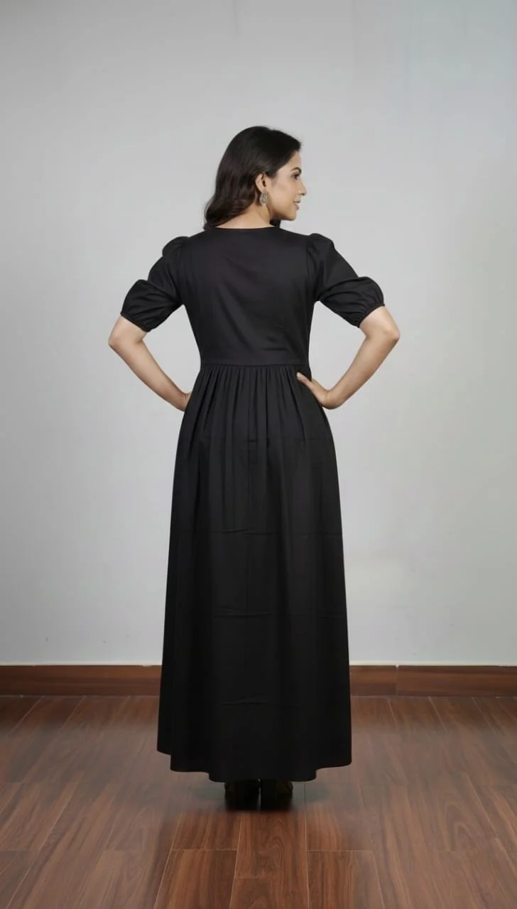 Women’s Black Maxi Dress with Puff Sleeves V-Neck Embellished Polka Dot Design Comfortable Casual Ethnic Wear Size L image 7