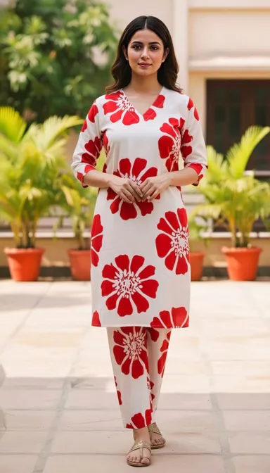 Women’s White Red Floral Printed Kurta Set with Matching Pants for Daily Ethnic Wear, V-Neck, 3/4 Sleeve, Comfortable Cotton Blend Outfit for Casual & Festive Occasions  thumbnail 0