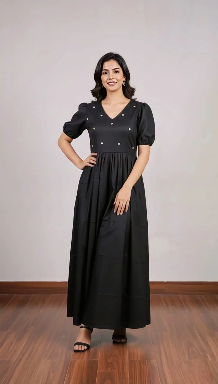 Women’s Black Maxi Dress with Puff Sleeves V-Neck Embellished Polka Dot Design Comfortable Casual Ethnic Wear Size XL image 2