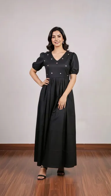 Women’s Black Maxi Dress with Puff Sleeves V-Neck Embellished Polka Dot Design Comfortable Casual Ethnic Wear Size XL thumbnail 1