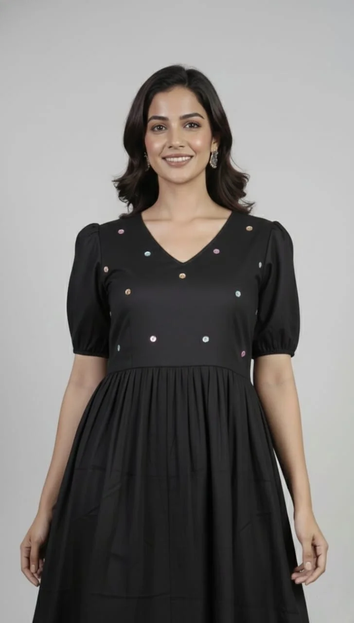 Women’s Black Maxi Dress with Puff Sleeves V-Neck Embellished Polka Dot Design Comfortable Casual Ethnic Wear Size XL image 3