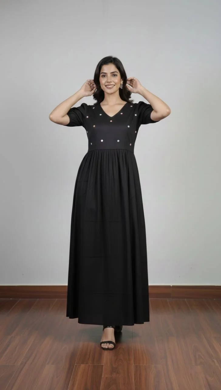 Women’s Black Maxi Dress with Puff Sleeves V-Neck Embellished Polka Dot Design Comfortable Casual Ethnic Wear Size XL image 4