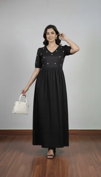 Women’s Black Maxi Dress with Puff Sleeves V-Neck Embellished Polka Dot Design Comfortable Casual Ethnic Wear Size XL thumbnail 4