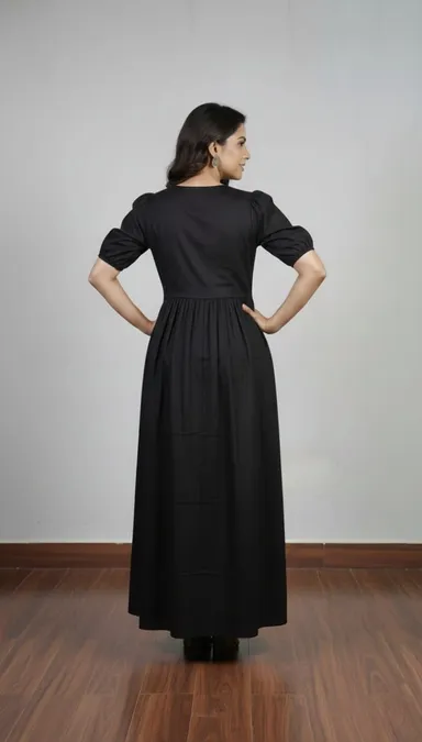 Women’s Black Maxi Dress with Puff Sleeves V-Neck Embellished Polka Dot Design Comfortable Casual Ethnic Wear Size XL thumbnail 5