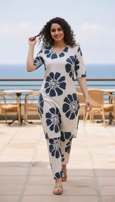 Women Abstract Printed Co-Ord Set with Short Sleeve Shirt & Matching Pants | Size M | Soft Stretch Fabric | Stylish Casual Lounge & Travel Wear for Women thumbnail 1