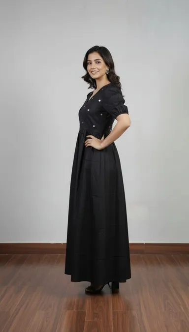 Women’s Black Maxi Dress with Puff Sleeves V-Neck Embellished Polka Dot Design Comfortable Casual Ethnic Wear Size XXL thumbnail 4