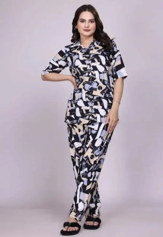 Women Abstract Printed Co-Ord Set with Short Sleeve Shirt & Matching Pants | Size XL | Soft Stretch Fabric | Stylish Casual Lounge & Travel Wear for Women image 2