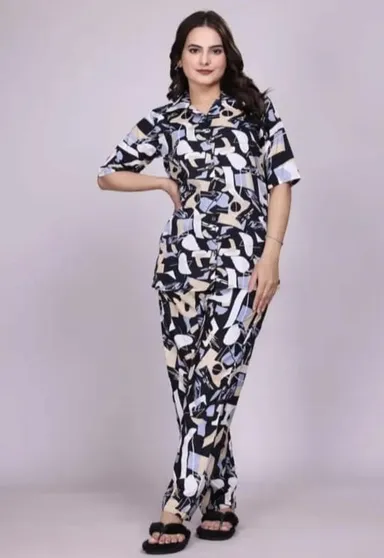 Women Abstract Printed Co-Ord Set with Short Sleeve Shirt & Matching Pants | Size XL | Soft Stretch Fabric | Stylish Casual Lounge & Travel Wear for Women thumbnail 1