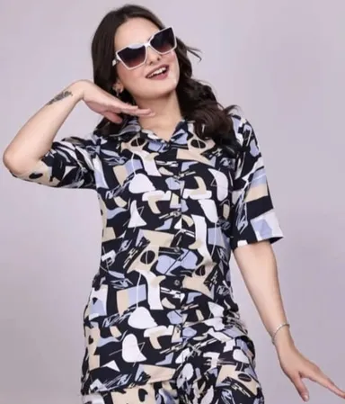 Women Abstract Printed Co-Ord Set with Short Sleeve Shirt & Matching Pants | Size XXL | Soft Stretch Fabric | Stylish Casual Lounge & Travel Wear for Women thumbnail 1