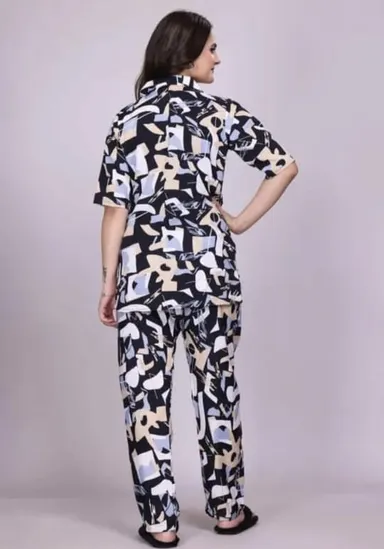 Women Abstract Printed Co-Ord Set with Short Sleeve Shirt & Matching Pants | Size XXL | Soft Stretch Fabric | Stylish Casual Lounge & Travel Wear for Women thumbnail 2