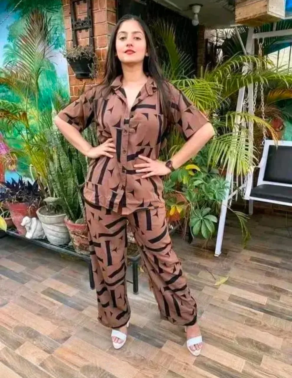 Women Brown Geometric Print Co‑ord Set Two Piece Outfit Casual Button Up Shirt with Wide Leg Pants Summer Office Lounge Party Wear Relaxed Fit Lightweight Breathable M Size image 2