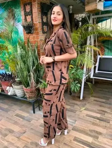 Women Brown Geometric Print Co‑ord Set Two Piece Outfit Casual Button Up Shirt with Wide Leg Pants Summer Office Lounge Party Wear Relaxed Fit Lightweight Breathable M Size thumbnail 2