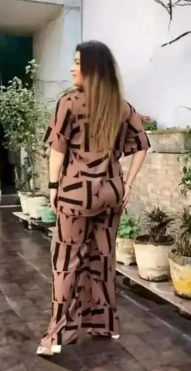Women Brown Geometric Print Co‑ord Set Two Piece Outfit Casual Button Up Shirt with Wide Leg Pants Summer Office Lounge Party Wear Relaxed Fit Lightweight Breathable M Size thumbnail 4
