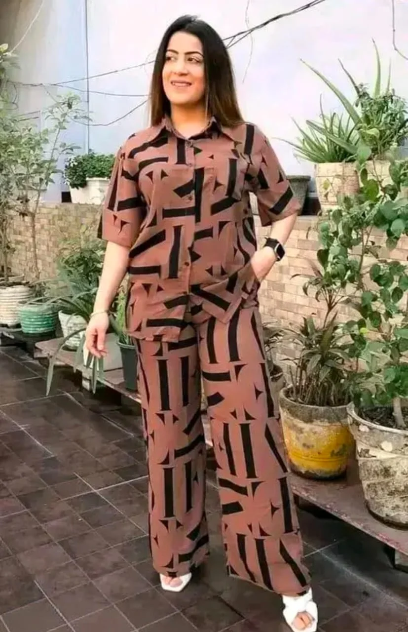 Women Brown Geometric Print Co‑ord Set Two Piece Outfit Casual Button Up Shirt with Wide Leg Pants Summer Office Lounge Party Wear Relaxed Fit Lightweight Breathable M Size image 1