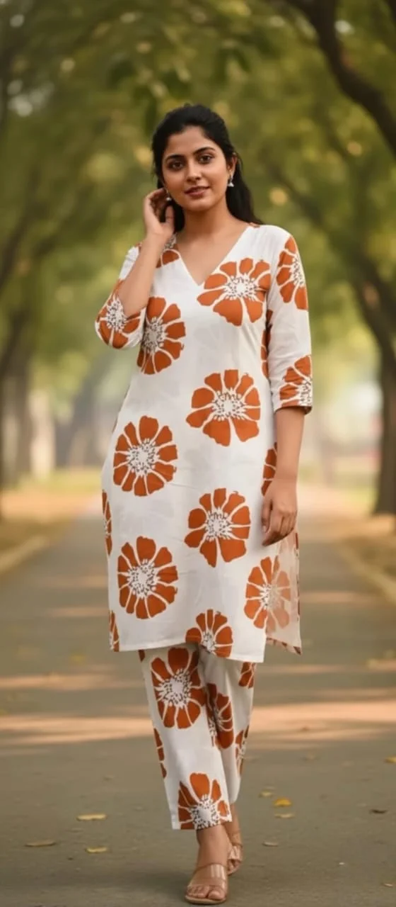 Women’s White Cotton Kurta Set with Orange Floral Prints| 3/4 Sleeve, V-Neck, Comfortable Ethnic Wear with Matching Printed Pants| S Size image 2