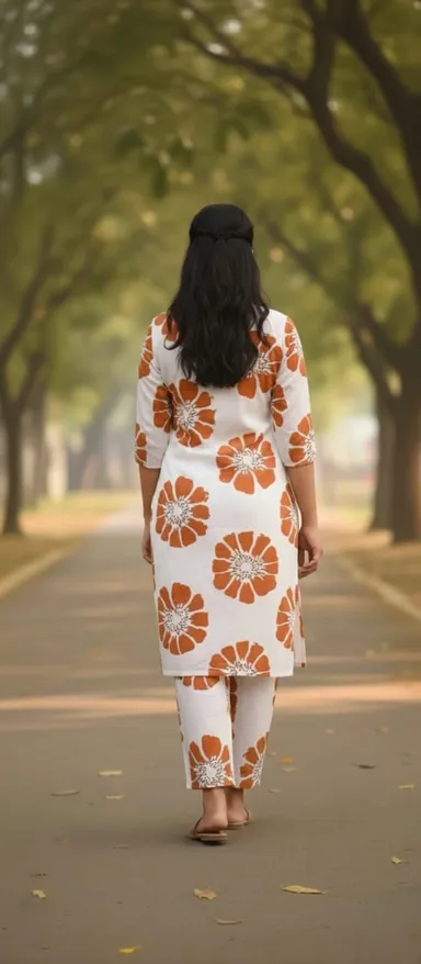 Women’s White Cotton Kurta Set with Orange Floral Prints| 3/4 Sleeve, V-Neck, Comfortable Ethnic Wear with Matching Printed Pants| S Size thumbnail 2
