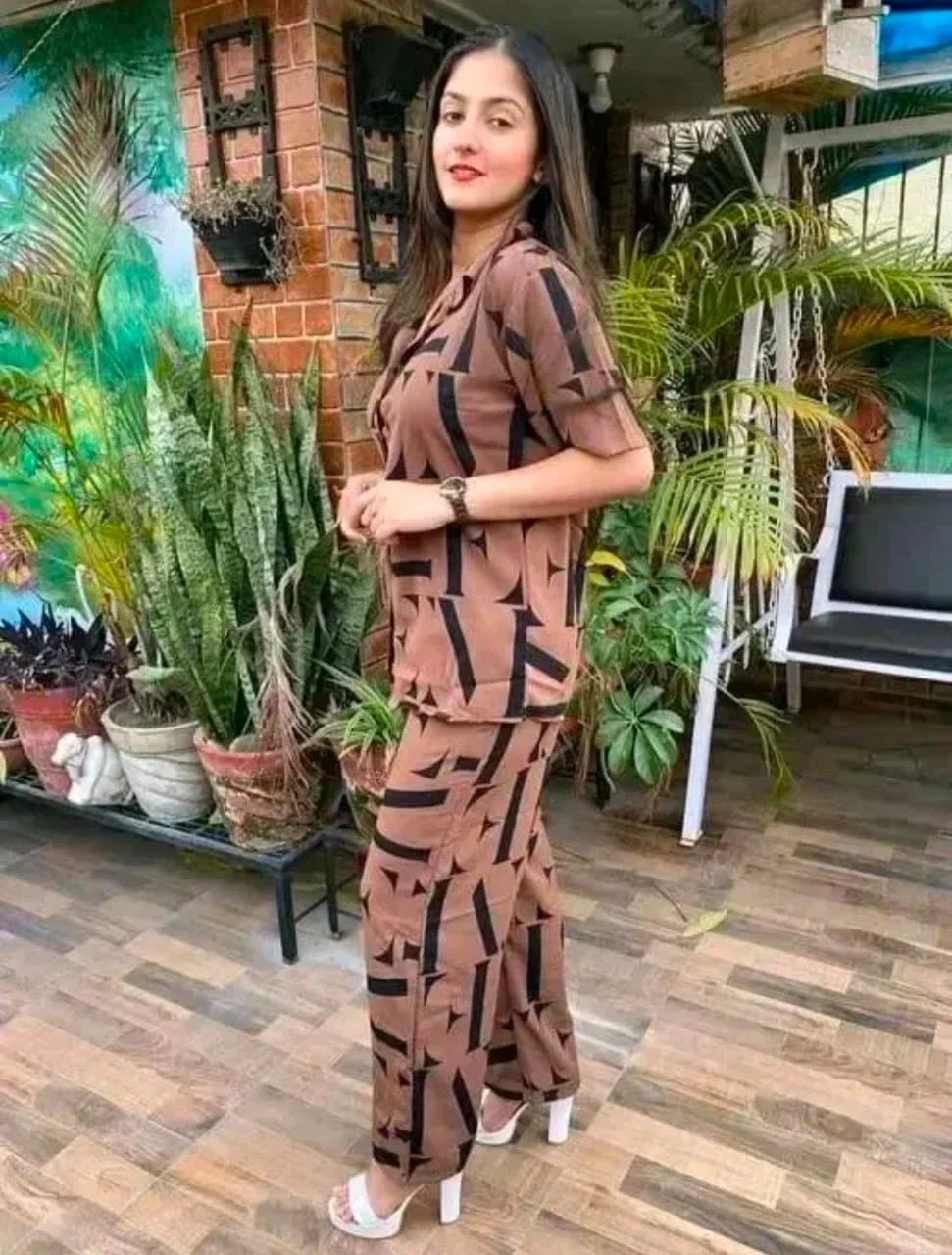 Women Brown Geometric Print Co-ord Set Two Piece Outfit Casual Button Up Shirt Wide Leg Pants Summer Office Lounge Party Wear Lightweight Breathable XXL Casual Chic Printed Matching Set for Women image 3