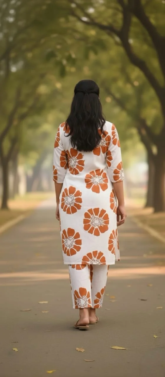 Women’s White Cotton Kurta Set with Orange Floral Prints 3/4 Sleeve V-Neck Comfortable Ethnic Wear with Matching Printed Pants Size M image 3