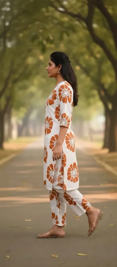 Women’s White Cotton Kurta Set with Orange Floral Prints 3/4 Sleeve V-Neck Comfortable Ethnic Wear with Matching Printed Pants Size M thumbnail 3