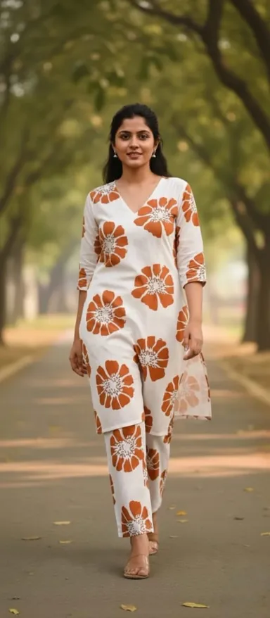 Women’s White Cotton Kurta Set with Orange Floral Prints 3/4 Sleeve V-Neck Comfortable Ethnic Wear with Matching Printed Pants Size M thumbnail 0