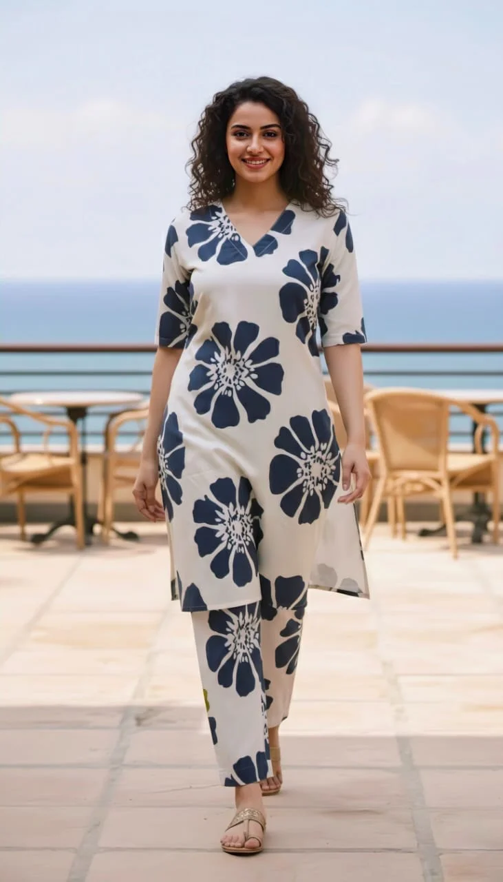 Women’s Floral Print V-Neck Kurta with Matching Straight Pants | L Size Comfortable Ethnic Cotton Set for Daily Wear image 1