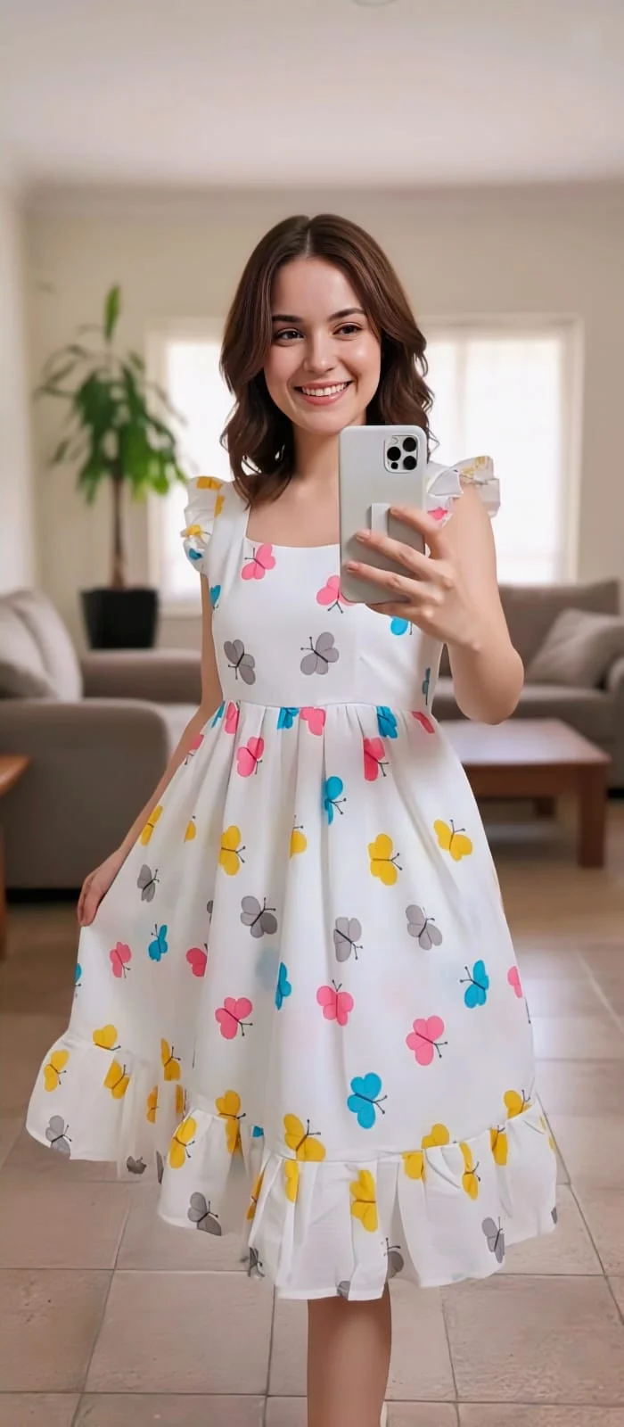Women White Butterfly Print Midi Dress Sleeveless Fit & Flare with Ruffle Hem Lightweight Breathable Summer Casual Party Vacation Outfit Size L image 4