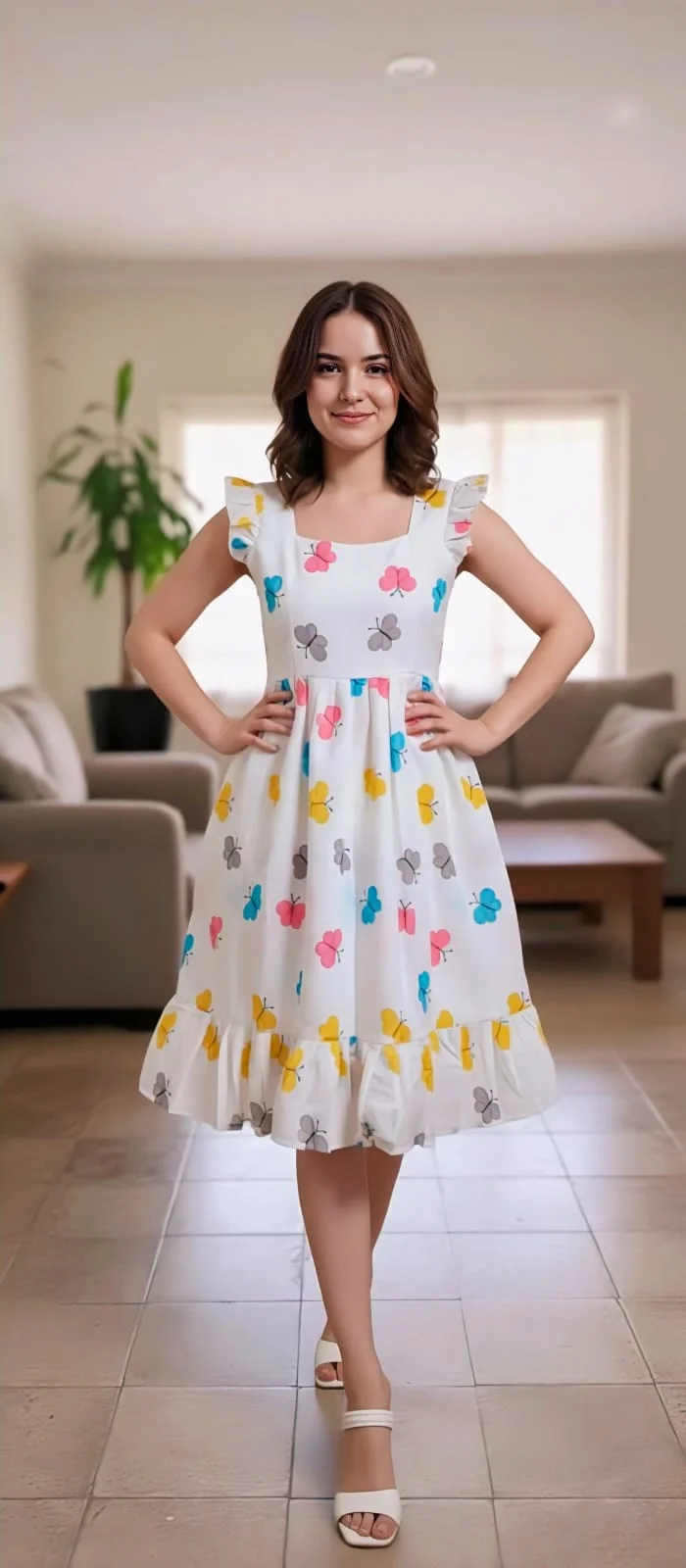 Women White Butterfly Print Midi Dress Sleeveless Fit and Flare Summer Casual Party Vacation Wear Lightweight Breathable Fabric Ruffle Hem Size XXL Plus Elegant Day Out Western Outfit image 2