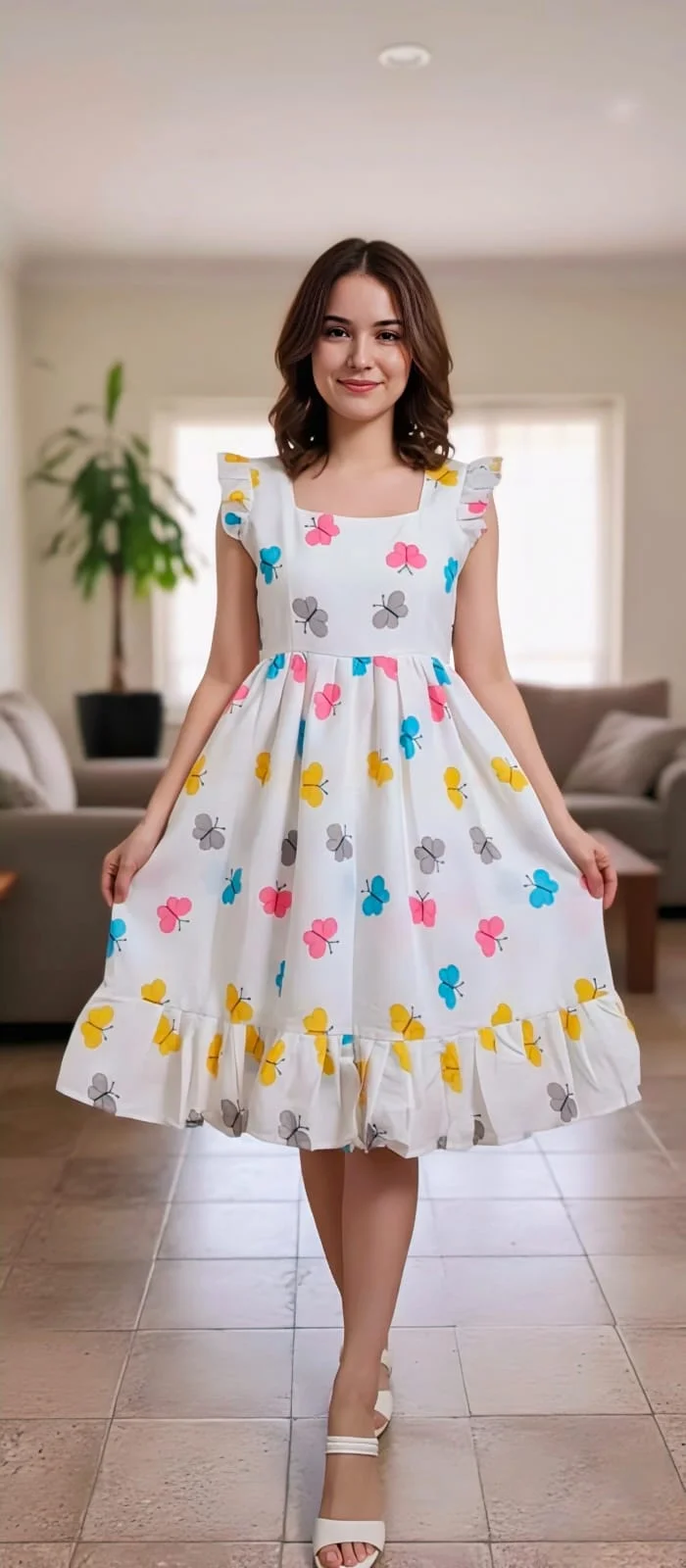 Women White Butterfly Print Midi Dress Sleeveless Fit and Flare Summer Casual Party Vacation Wear Lightweight Breathable Fabric Ruffle Hem Size XXL Plus Elegant Day Out Western Outfit image 3