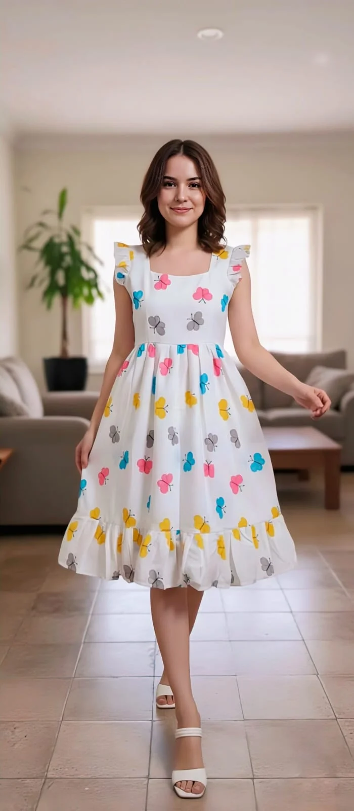 Women White Butterfly Print Midi Dress Sleeveless Fit and Flare Summer Casual Party Vacation Wear Lightweight Breathable Fabric Ruffle Hem Size XXL Plus Elegant Day Out Western Outfit image 5