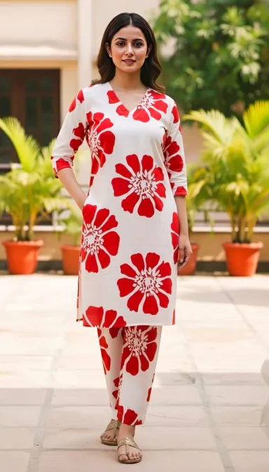 Women’s White Cotton Kurti with Red Floral Print XXL Size Soft Breathable Ethnic Daily Wear Top with Matching Pants  thumbnail 1