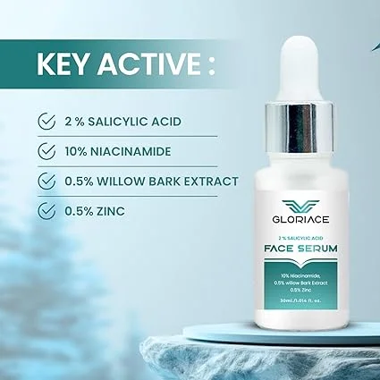 GLORIACE 2% Salicylic Acid Acne Control Serum 30 ml for Pimples, Blackheads, Whiteheads, Excess Oil Reduction and Clear Looking Skin image 2