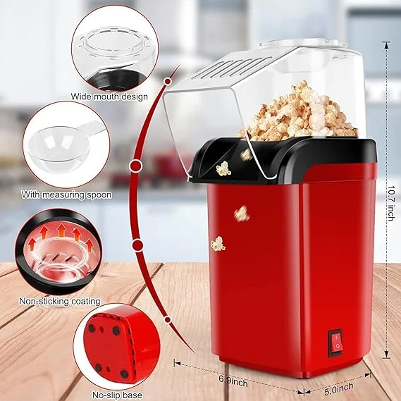 Electric Hot Air Popcorn Maker Machine for Home | Stoveless Oil-Free Popcorn Popper | Red Compact Countertop Popcorn Popper for Quick Snacks, Parties, Movie Nights image 6