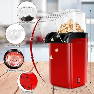 Electric Hot Air Popcorn Maker Machine for Home | Stoveless Oil-Free Popcorn Popper | Red Compact Countertop Popcorn Popper for Quick Snacks, Parties, Movie Nights thumbnail 5