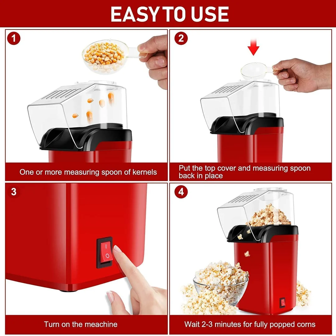 Electric Hot Air Popcorn Maker Machine for Home | Stoveless Oil-Free Popcorn Popper | Red Compact Countertop Popcorn Popper for Quick Snacks, Parties, Movie Nights image 7
