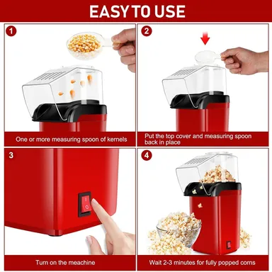 Electric Hot Air Popcorn Maker Machine for Home | Stoveless Oil-Free Popcorn Popper | Red Compact Countertop Popcorn Popper for Quick Snacks, Parties, Movie Nights thumbnail 6
