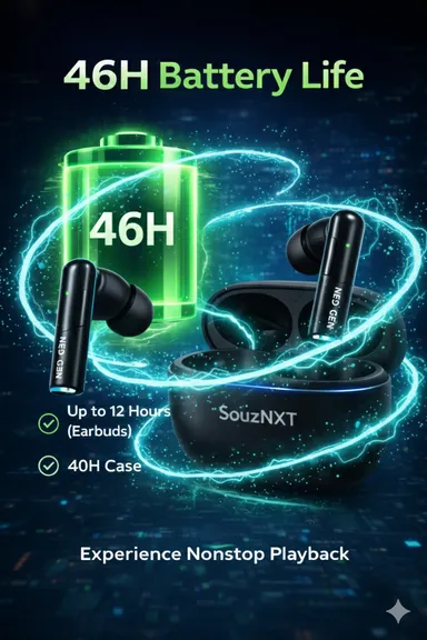 SouzNXT Bolt True Wireless Earbuds with 46H Playtime| Deep Bass, ENC Clear Calling, Type-C Fast Charging, Bluetooth 5.4| Sweatproof Stereo Earphones for Gaming, Music, and Calls thumbnail 1
